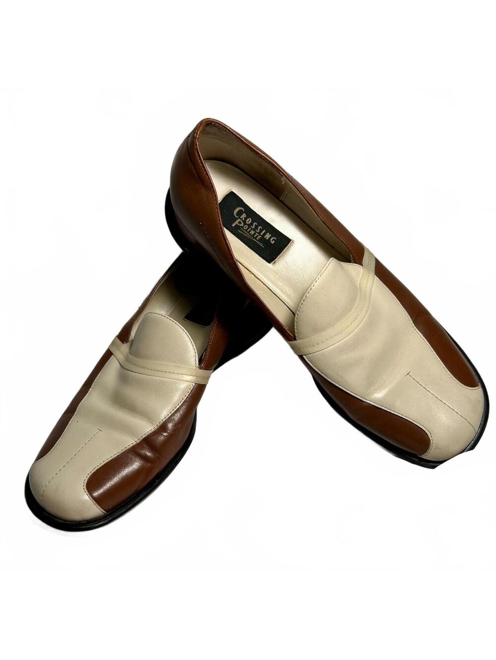 Vintage Y2K Crossing Pointe Womens 10M Leather Loafers Brown Cream Square Toe